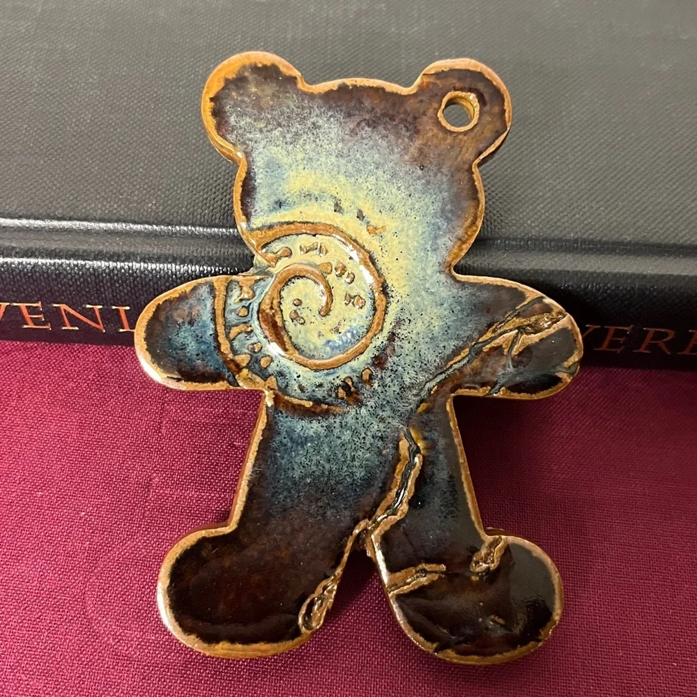 Handmade Stoneware Blue & Brown Glazed Swirl Design‎ Teddy Bear Ornament Signed